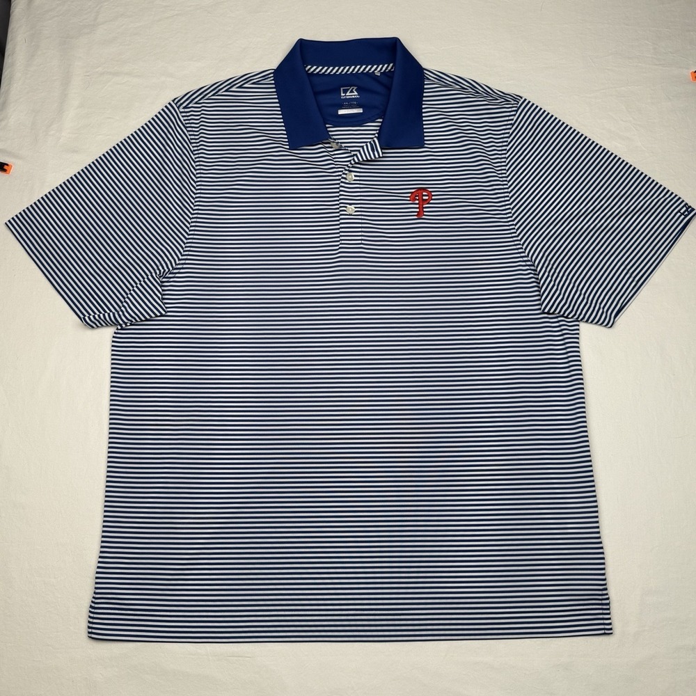 Cutter & Buck Phillies Polo Shirt Mens 2XL Blue White Stripe Dry Fit Golf Polo